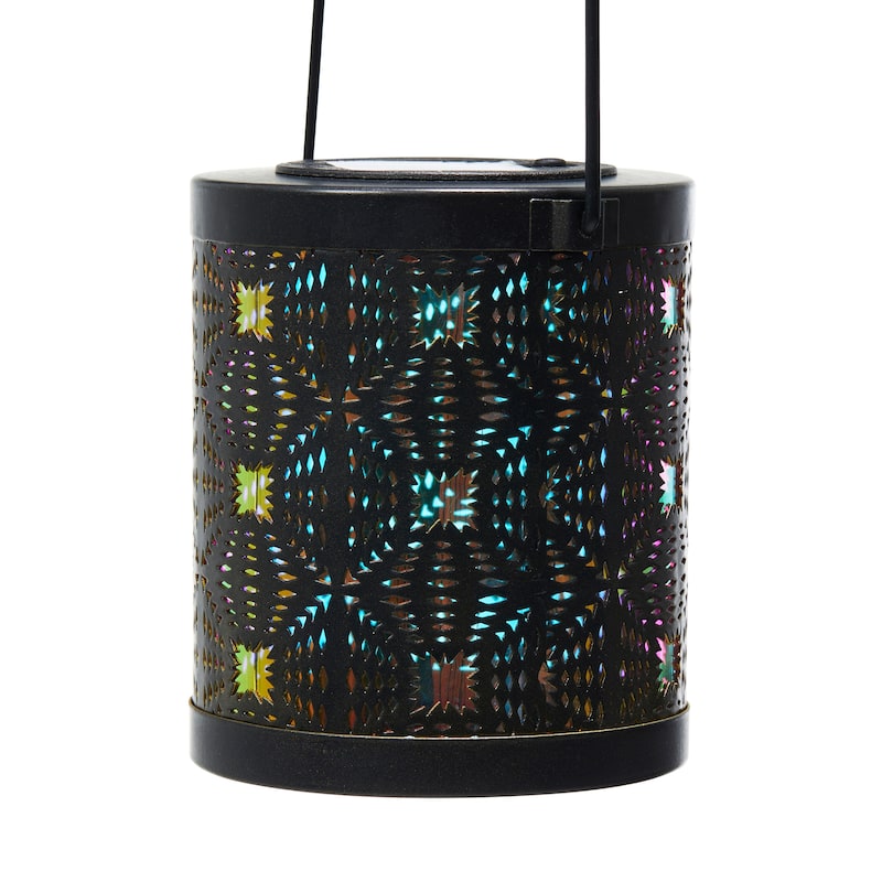 Glitzhome Set of 2 Metal Cutout Laser Outdoor Solar Lantern with Hanging LED Light Garden Stakes
