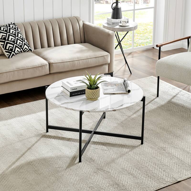Round Contemporary Marble Finish Veneer Top Black Metal Large Coffee Table