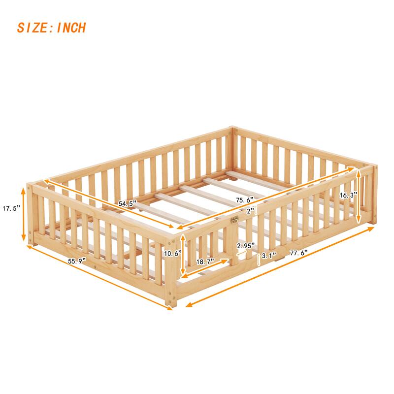 Full Size Kids Floor Bed with Guardrails and Door
