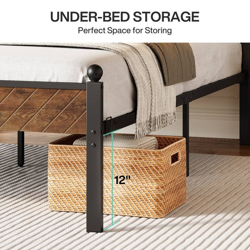 Platform Bed Frame with Wood Headboard and Footboard Under Bed Storage
