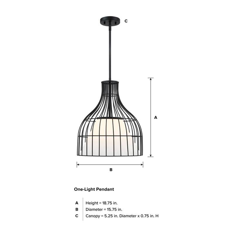Evensong 60 Watt 1-Light Matte Black Bell Pendant with Etched Opal Glass Shade and Metal Outer Cage - 18.75