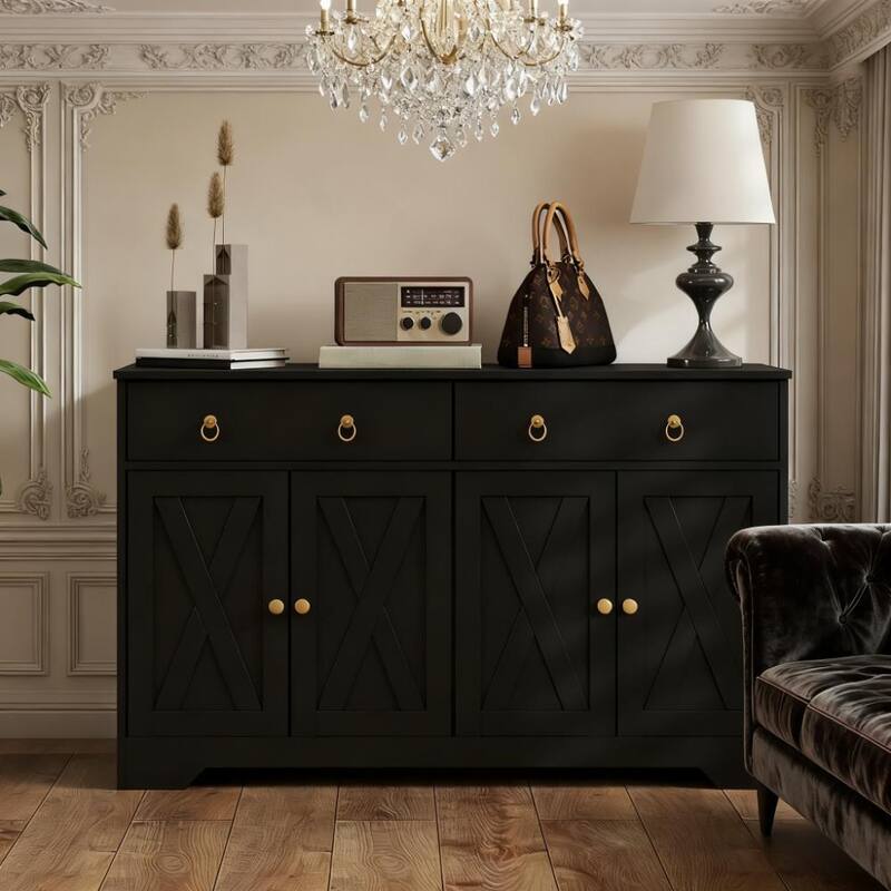 47.75" Sideboard Buffet with Storage, Kitchen Storage Cabinet with 2 Drawers, 4 Doors, Farmhouse Coffee Bar Cabinet with Shelves