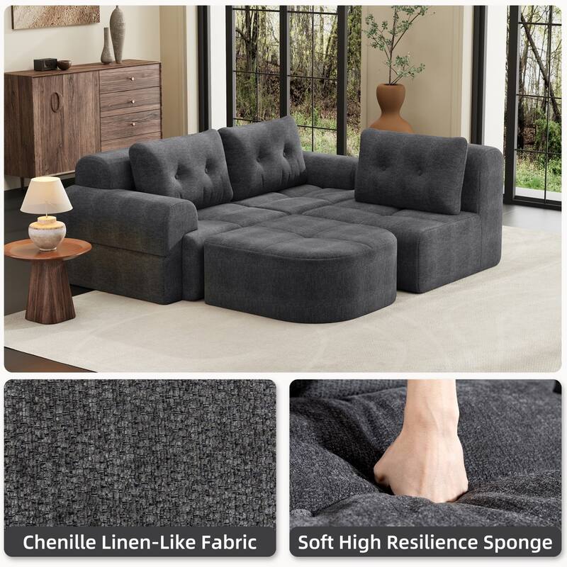 110.23" L-Shaped Chenille Sectional Sofa with Movable Ottoman