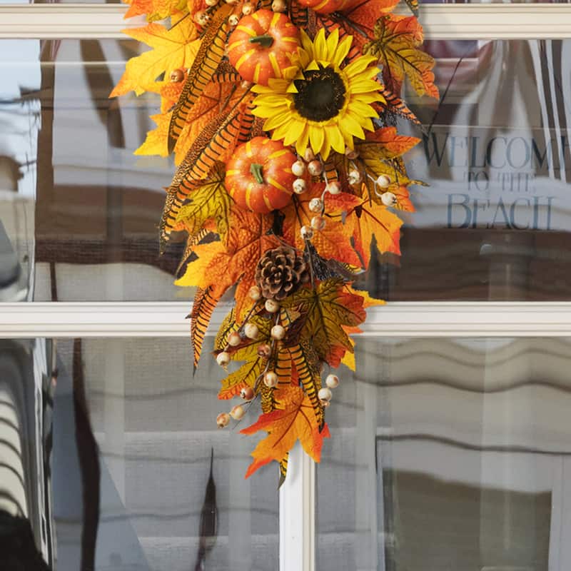 Glitzhome 26"H Fall Sunflower Pumpkin Lotus Leaf Teardrop Swag for Thanksgiving