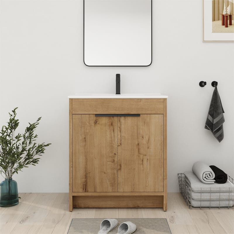Bathroom Vanity With Sink In 24/30/36 Inch, Freestanding Bathroom Vanity With Soft Close Door and Adjustable Shelf - Imitative Oak - 30"W x 18.3"D x 34.3"H