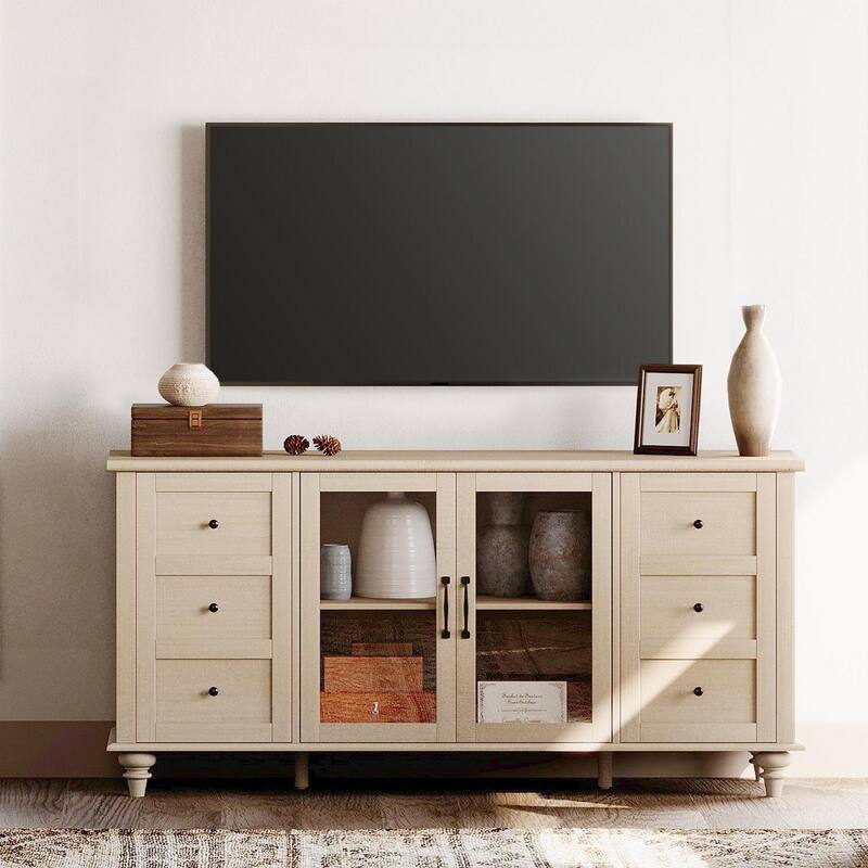 Farmhouse TV Stand for 65 Inch TV, Wood Console Table with Glass Door - 58'' - Beige