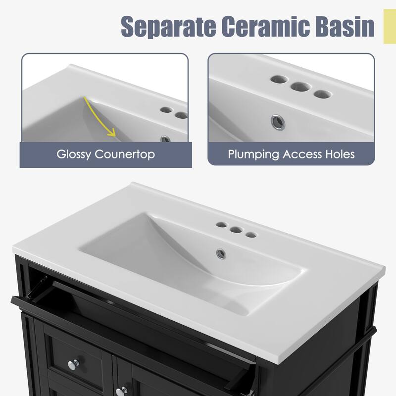 30-Inch Modern Bathroom Vanity with Ceramic Sink, 3 Drawers, Storage Cabinet, and Soft-Close Doors