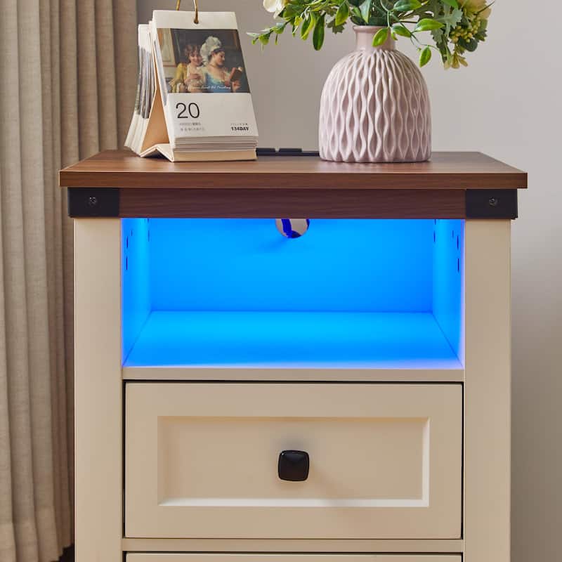 Farmhouse Side Table with Charging Station, Antique Nightstands with Drawers, Bedside Table with Open Shelf for Bedroom