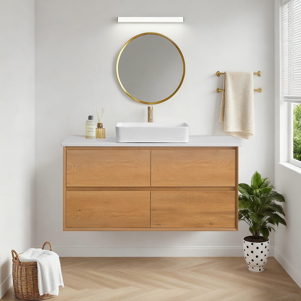 Sylphar 48 inch Toffee Oak Floating Bathroom Vanity with White Quartz Top