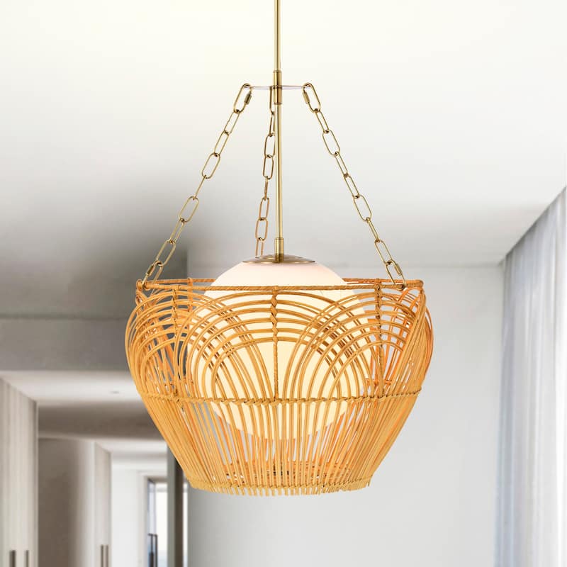 Caddie 15 Inch Opaque Glass Shade Rattan Woven Pendant 1-Light