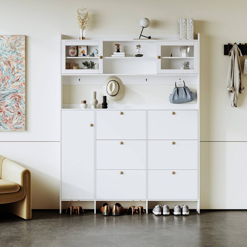 Multifunctional Shoe Cabinet with Storage Shelf & 6 Flip Drawers,Modern Hall Tree with Tempered Glass Doors