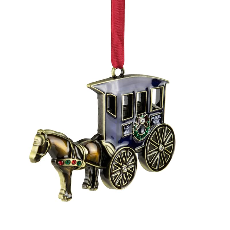 2.25" Brass-Plated Horse Buggy Christmas Ornament European Crystals