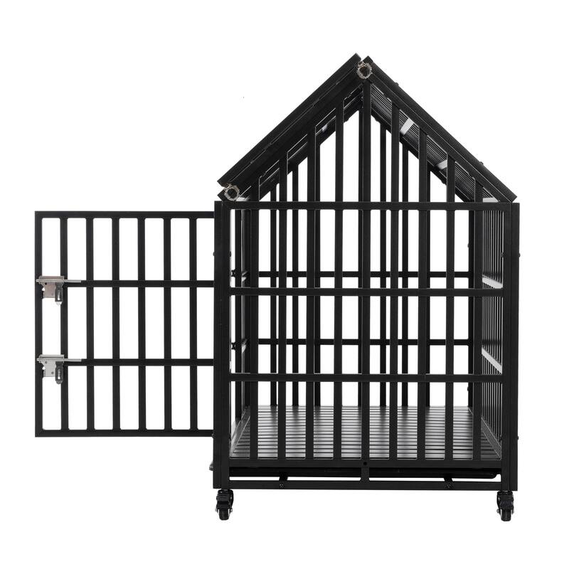 52" Crate Large Dog Cage with 4 Lockable Wheels and Removable Bottom Tray, Metal Dog Crate with Top Opening