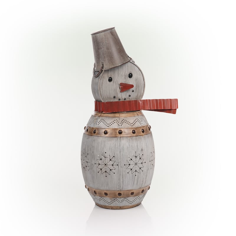 Alpine Corporation 30"H Indoor/Outdoor Metal Barrel Snowman Christmas Holiday Decoration with LED Lights - Silver