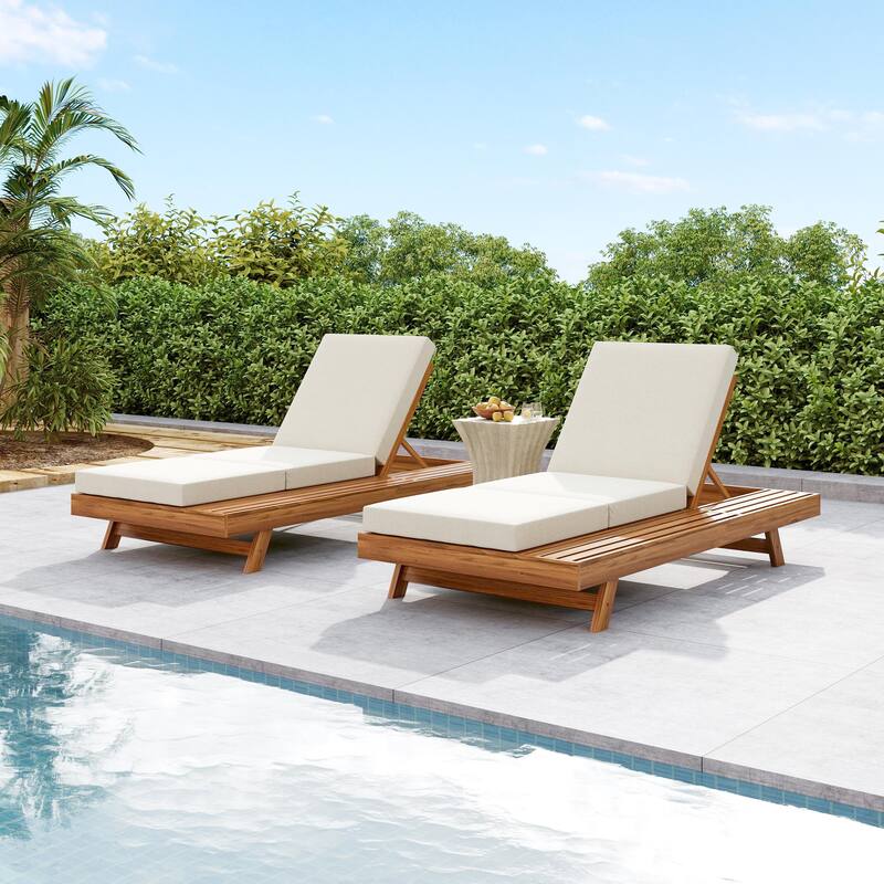 Roomfitters Acacia Wood Lounge Chaise Set with Triple-Fold Cushion and Side Tray, Outdoor Recliner, Cream