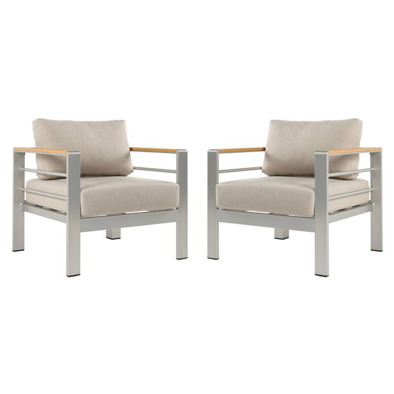 Roomfitters Cora Outdoor Aluminum Club Chairs with Olefin Fabric Cushions, Silver and Beige