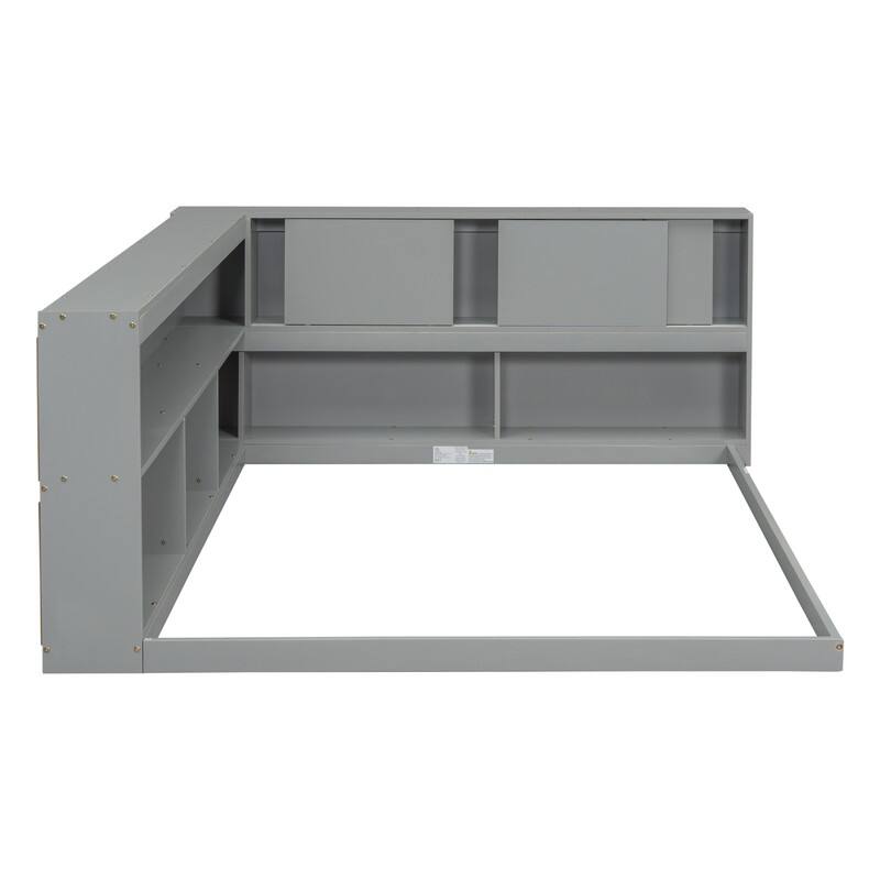 Full Floor Bed Frame with L-shaped Bookcases, Sliding Doors,without Slats