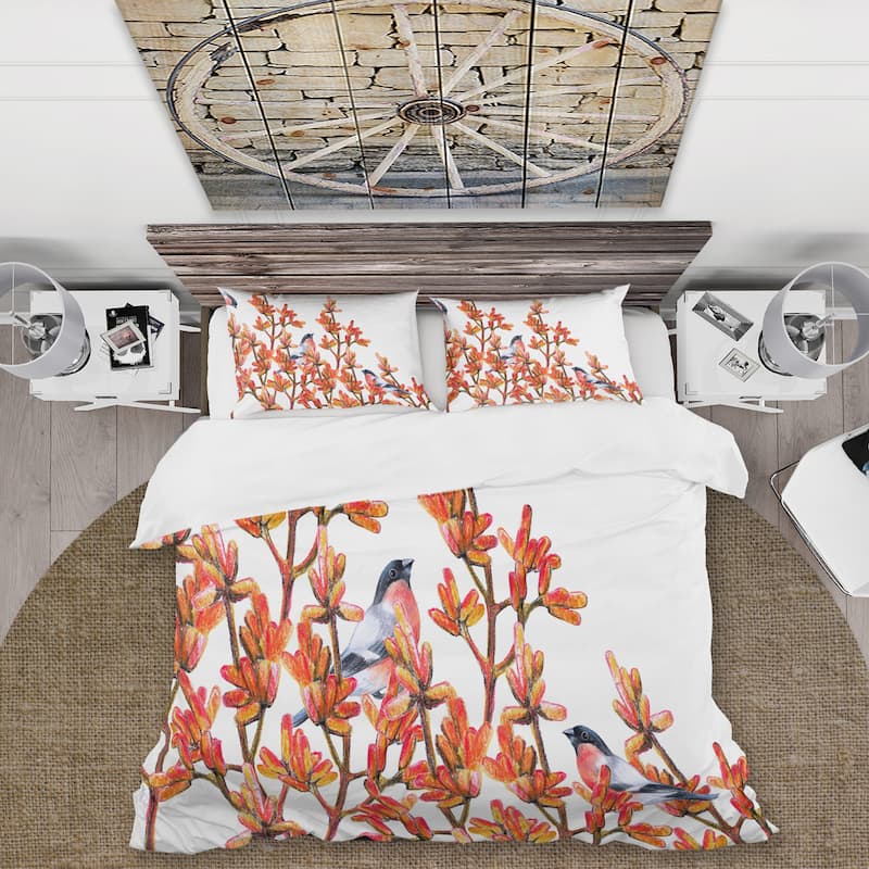 Designart 'Flock of Bullfinches Birds on Orange Branches' Traditional Duvet Cover Set