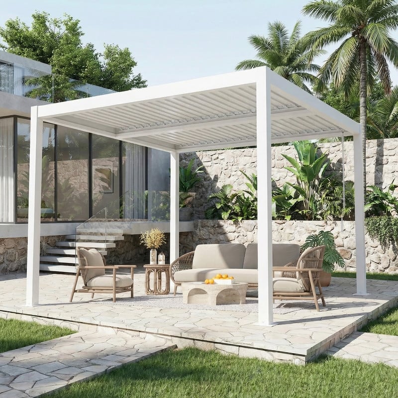 EROMMY Outdoor Louvered Pergola with Adjustable Aluminum Roof – Rainproof Gazebo for Patio & Garden - 10'x10' - White