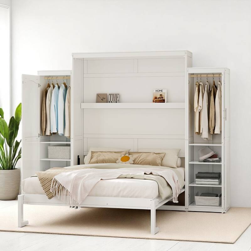 Full/Queen Murphy Bed with 2 Wardrobes and Shelf, Foldable Wall Bed Frame with Storage for Guest Room or Bedroom