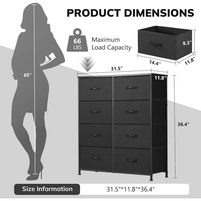 Dresser for Bedroom with 8 Drawers, Anti-Tip Tall Fabric Chests Storage Organizer Tower Furniture with Wooden Top Metal Frame