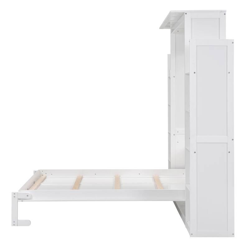 Space-Saving Wall Bed with Shelves, LED Lights, and Mattress Holder, White