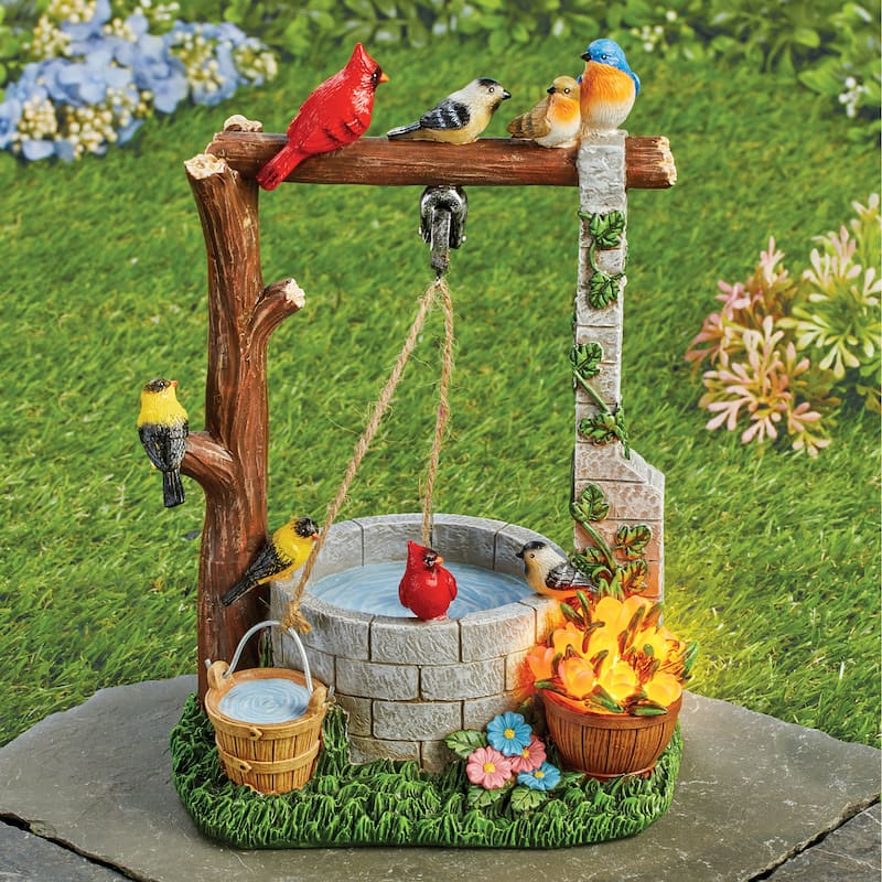 Wishing Well with Solar Powered Flowers Garden Statue - 6.63 x 9.25 x 5.12 - Brown - Resin