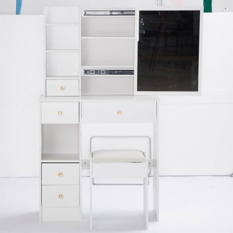 29.2" Compact Left-Drawer Vanity Set with Cushioned Stool and Sliding Mirror