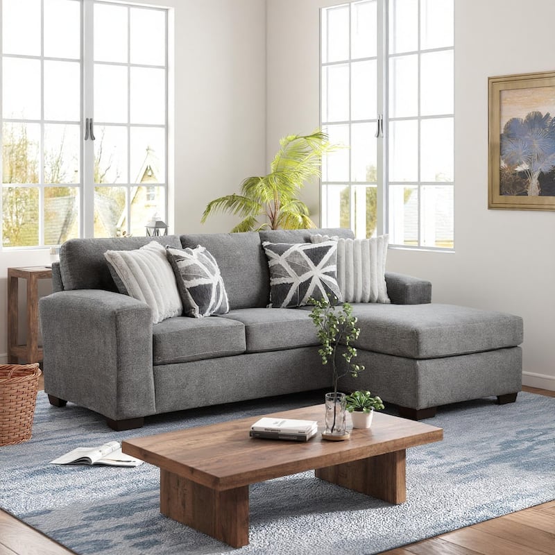 Roundhill Furniture Arden L-Shaped Convertible Living Room Sofa Chaise with Floating Ottoman, Posh Gray - 7'6" x 9'6"