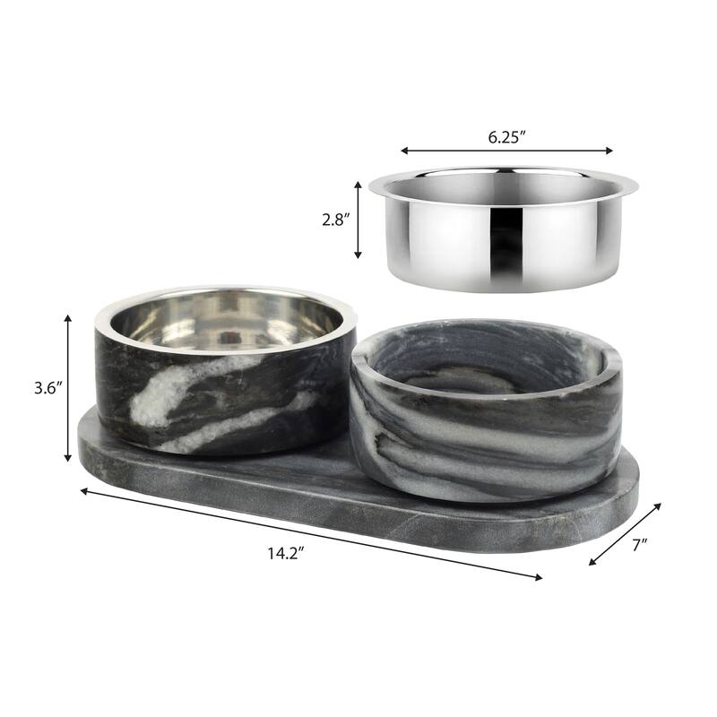 Marbre 12oz Double Pet Bowl Set - Marble & Stainless Steel with Non-Slip Tray