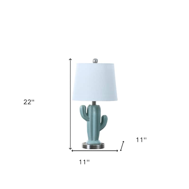 22 Inch Cactus Table Lamp in Pale Blue Green with Off White Shade - 11" L x 11" W x 22" H