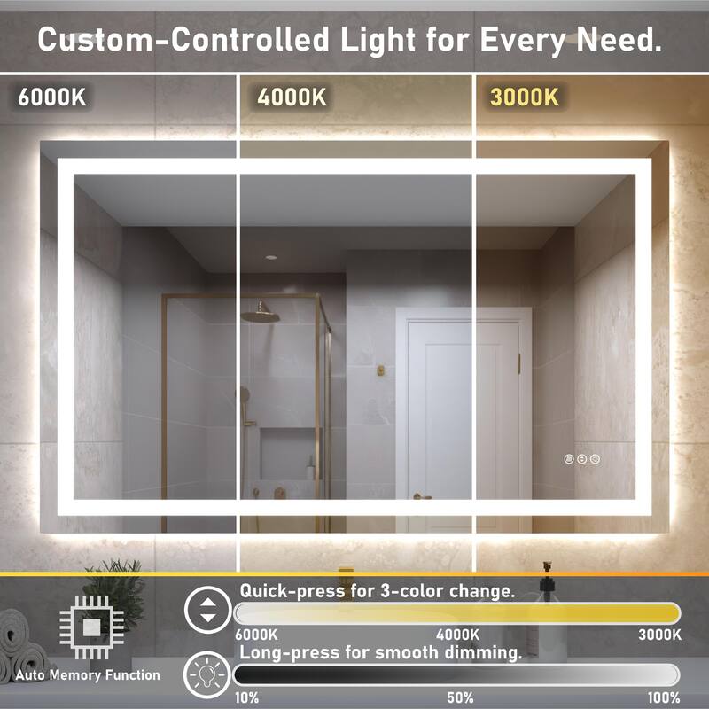 48 x 40 Inch Frameless LED Bathroom Mirror, Smart Mirror