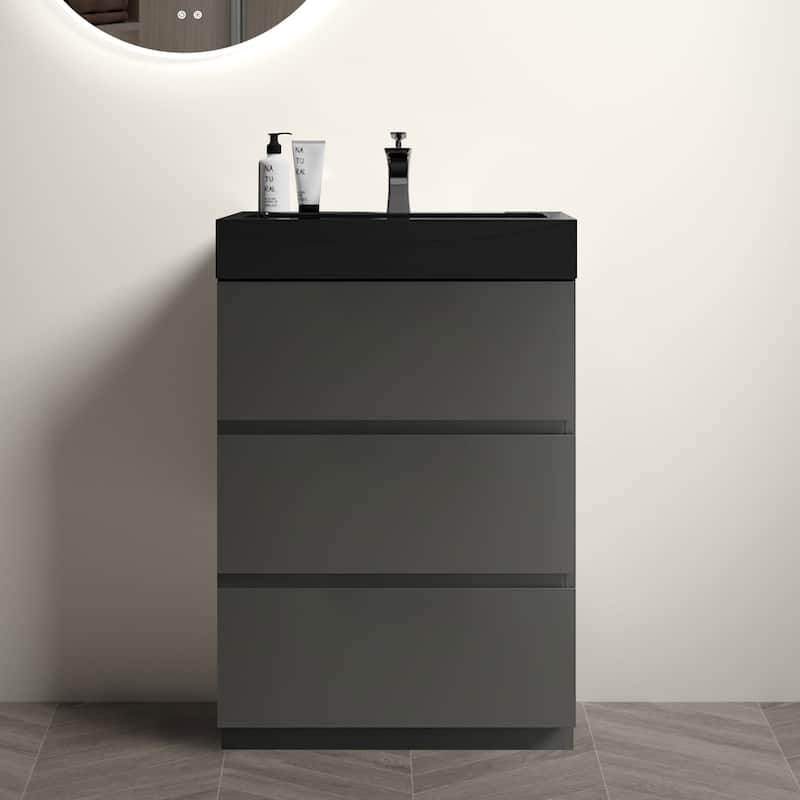 24"Bathroom Vanity with Sink, Large Storage Freestanding Bathroom Vanity, One-Piece Black Sink Basin without Drain and Faucet - Black+ Gray