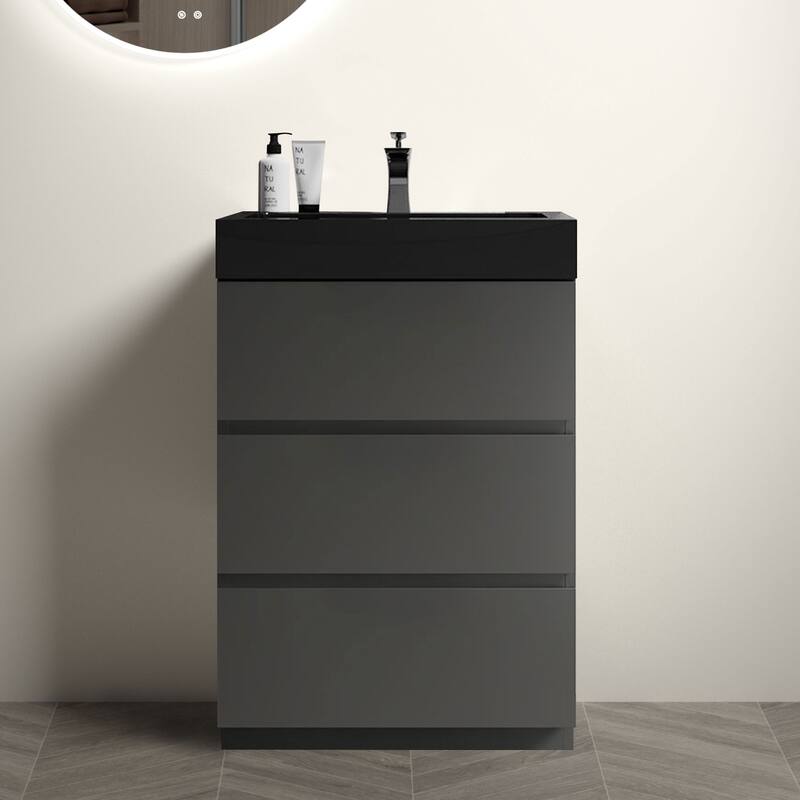 Modern Freestanding Bathroom Vanity with Sink Basin without Drain and Faucet - Black+Grey - 24" W