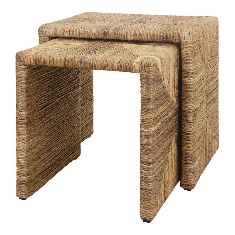 NPD Furniture Kanza Woven Abaca Rectangular Nesting Side Tables, Set of 2 - Natural - Wood
