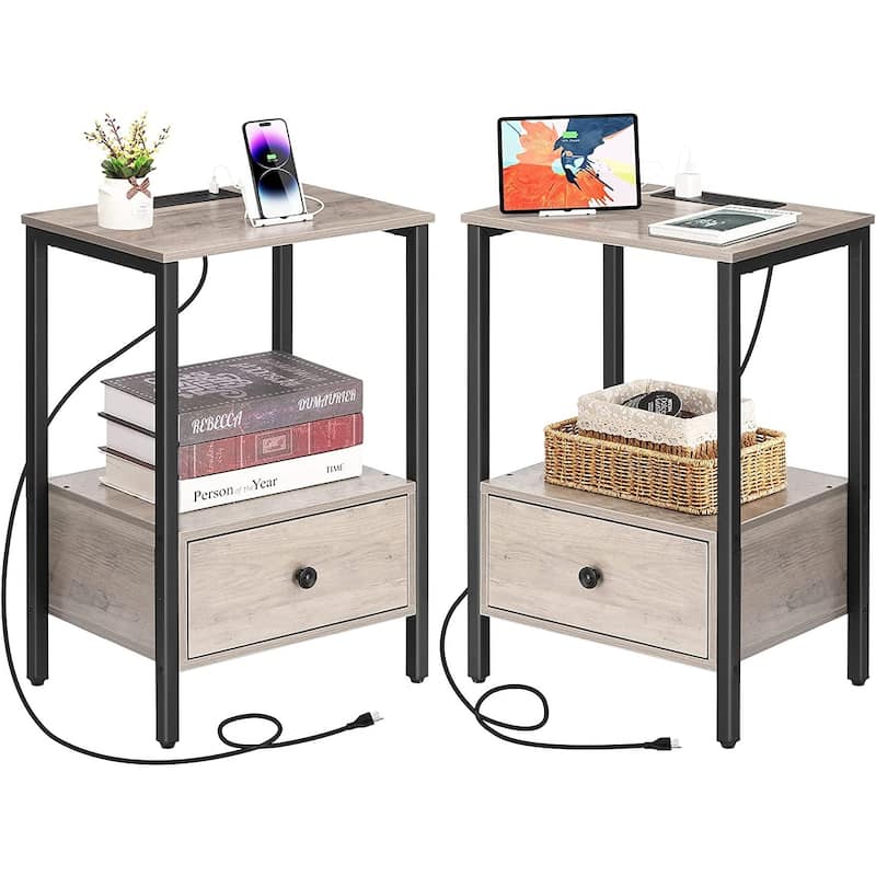 2 PCS Side Table with Charging Station with USB Ports & Power Outlets - Oak