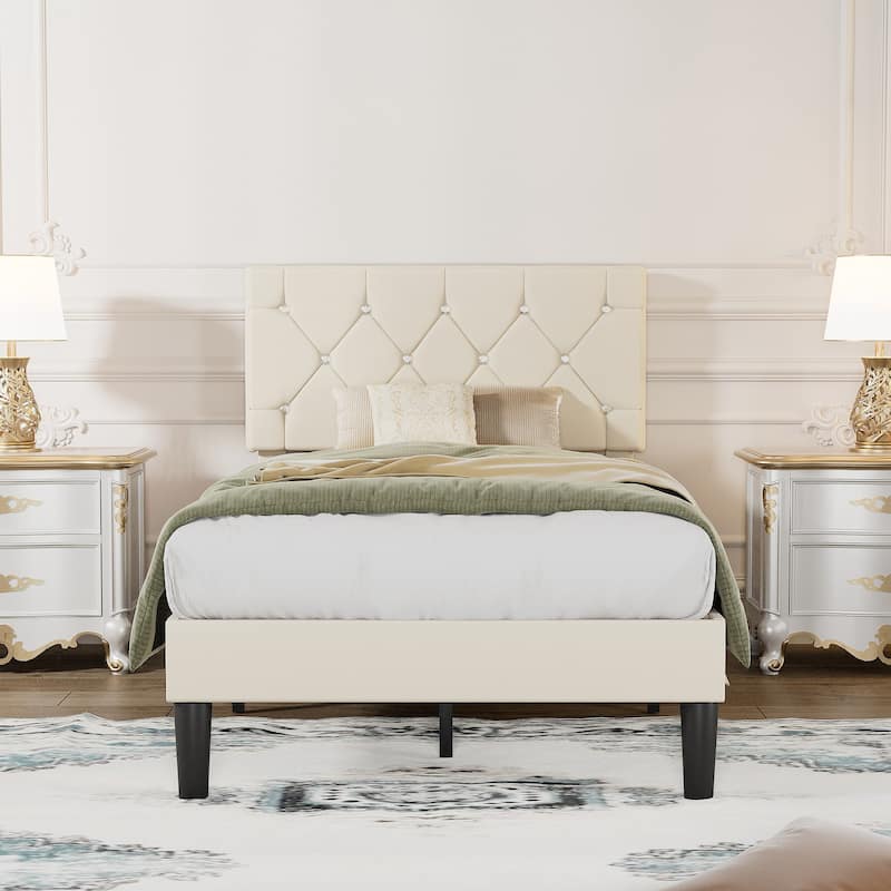 VECELO Upholstered Kids Bed Frame with Diamond Tufted Headoard,Twin Size Bed Set of 2