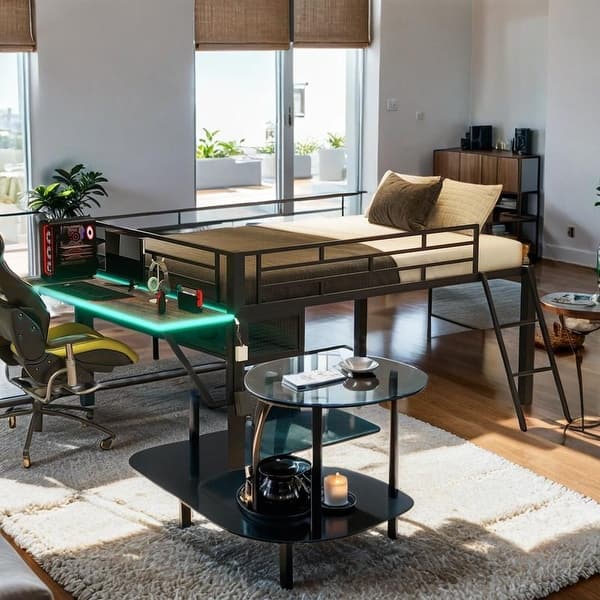 slide 2 of 14, Industrial Modern Full Size Gaming Mid Loft Bed with desk & LED, Maximized Space, Sturdy Construction & Safety Guaranteed, Black Black