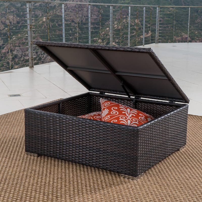 Roomfitters Outdoor Storage Coffee Table, All-Weather Rattan Patio Deck Box with Lift-Top Lid for Garden or Porch, Brown