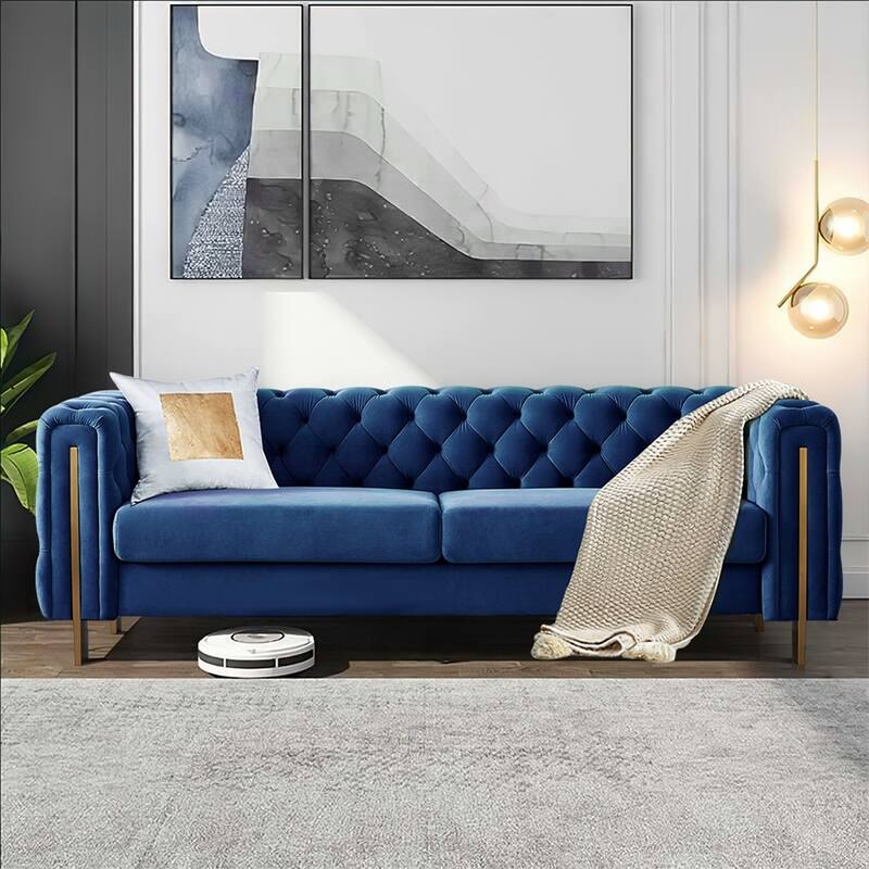 Modern Elegant Velvet Sofa With Buttons Upholstery And Metal Legs - Navy Blue
