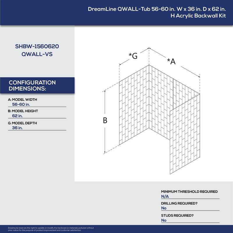 DreamLine QWALL-VS 36 in. D x 56-60 in. W x 62 in. H Acrylic Backwall Kit