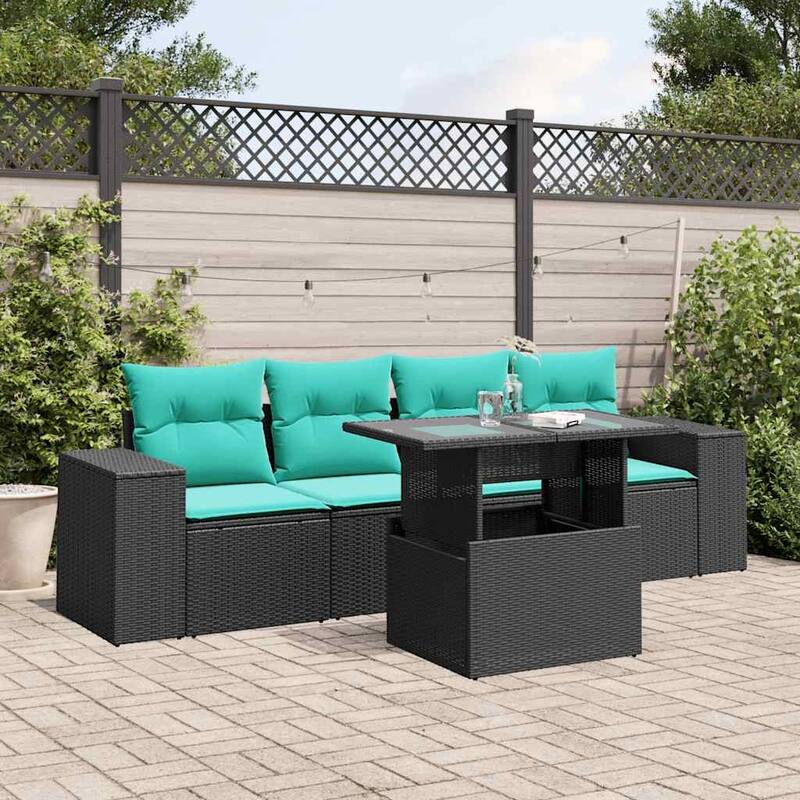 vidaXL Patio Sofa Set with Cushions Table and Couches 5 Piece Poly Rattan - 21.7 x 24.4 x 27.2 - Black without storage