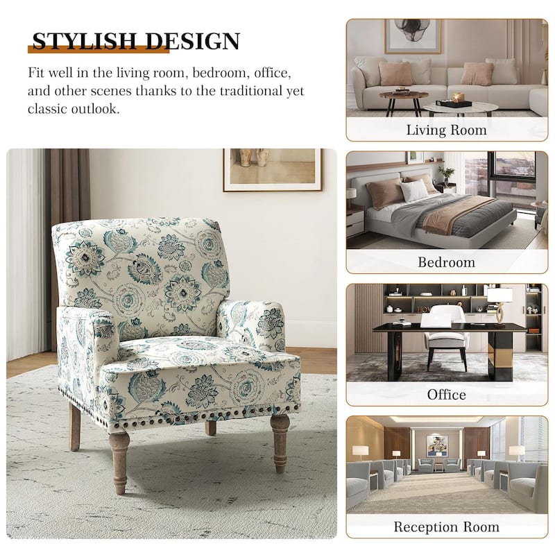 Pavia Traditional Floral Fabric Design Upholstered Accent Armchair with Nailhead Trim Set of 2 by HULALA HOME