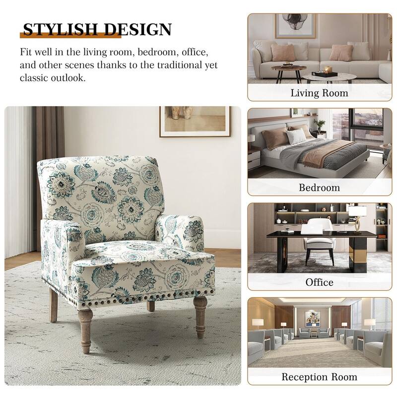 Geltrude Traditonal Floral Fabric Design Upholstered Accent Armchair with Turned Legs by HULALA HOME