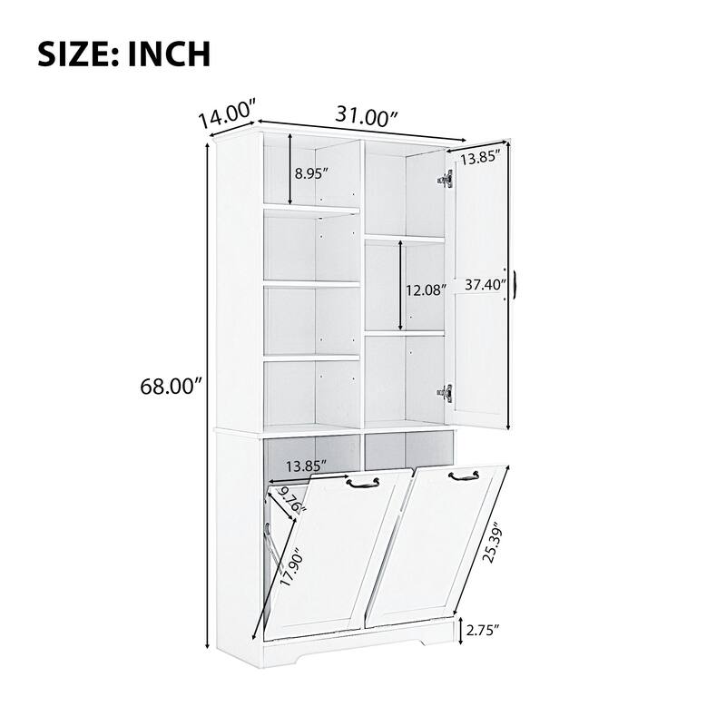Roomfitters 68" Tall Bathroom Storage Cabinet with Dual Tilt-Out Laundry Hampers