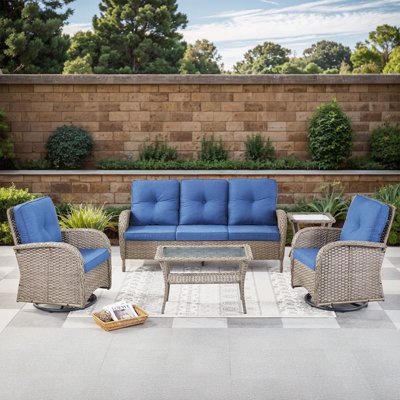 Gymojoy 5-Piece Outdoor Wicker Patio Furniture with 3 Seat Sofa & Swivel Chair, Coversation Set with Water Resistant Cushions