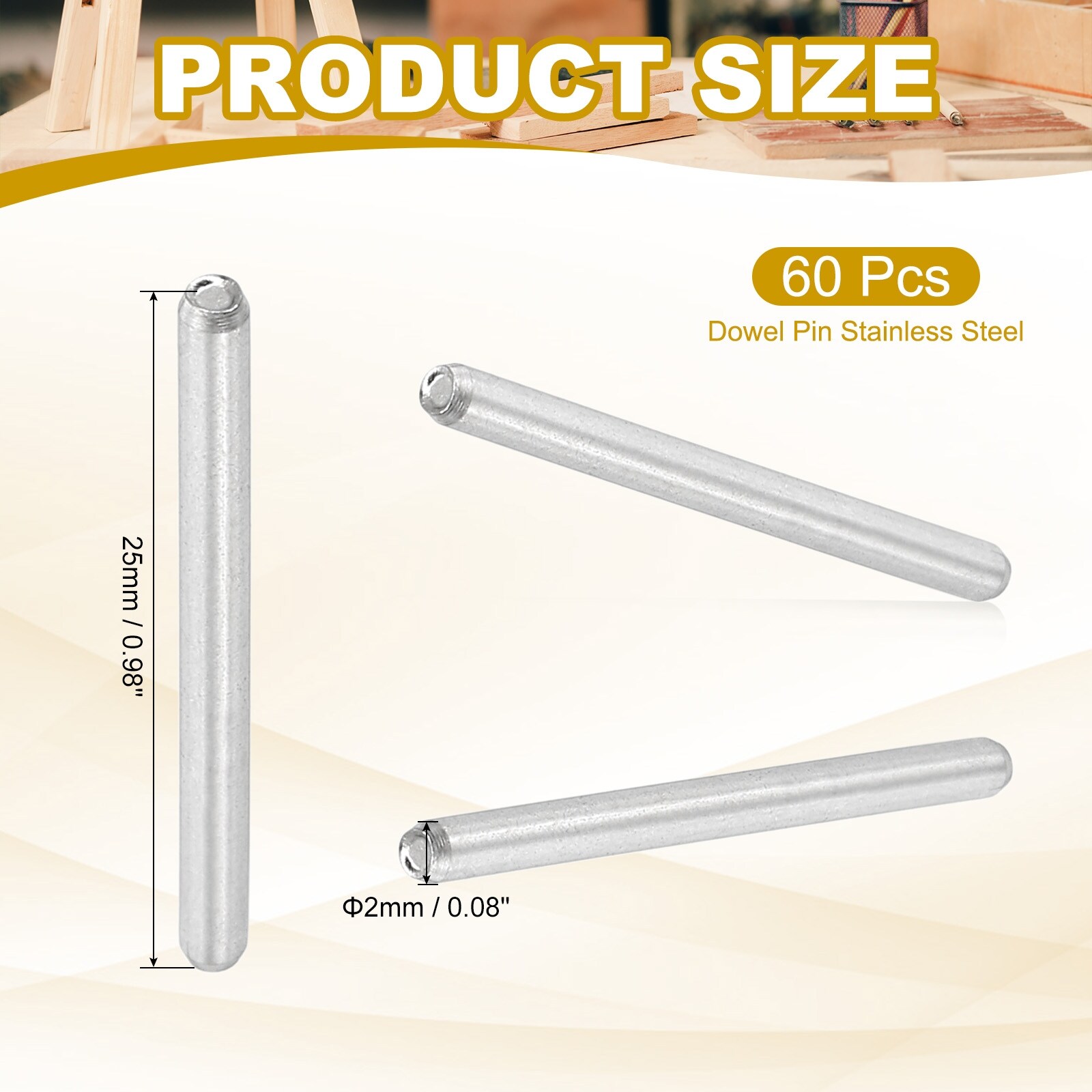 2mm x 10mm Dowel Pin 304 Stainless Steel 60 Pcs Metal Dowel for Shelves Silver