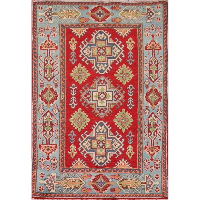 Geometric Red Kazak Accent Rug Hand-Knotted Wool Carpet - 3'2" x 4'11"
