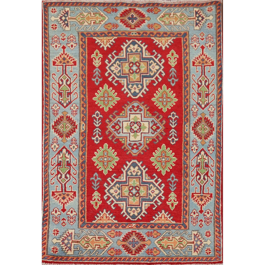 Geometric Red Kazak Accent Rug Hand-Knotted Wool Carpet - 3'2" x 4'11"