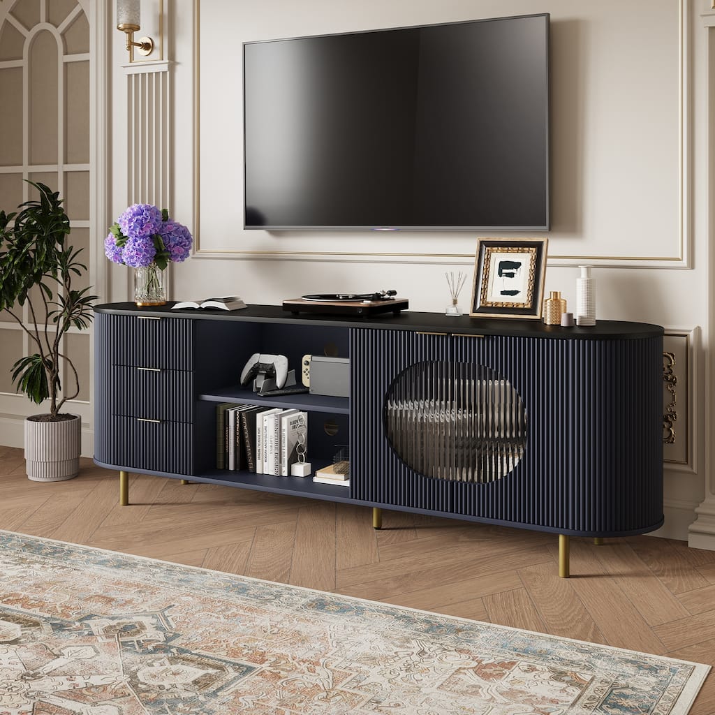 65 Inch Modern TV Stand, Fluted Media Console with Faux Marble Top